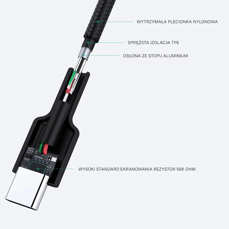 USB-C į USB-A laidas Aukey CB-CA2, nailoninis pintas, Quick Charge 3A, 1 m