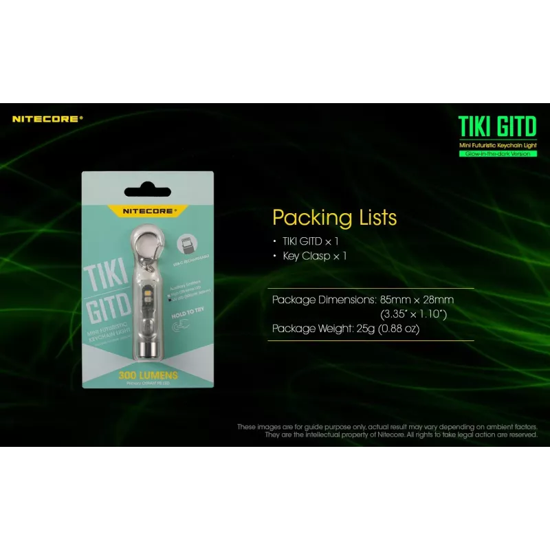 Rakto pakabuko žibintuvėlis Nitecore TIKI GITD pilkas – USB įkraunamas, 1 lm, 55 mm, 12 g, IP66