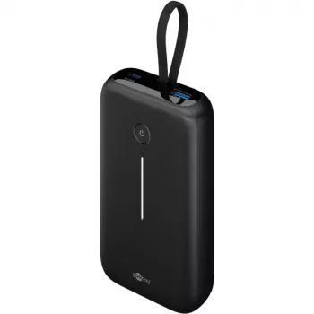 Powerbank 20 000 mAh su integruotu USB-C laidu 13 cm, 30 W, juodas, 20 Ah, 1x USB-A, 2x USB-C, PD, QC