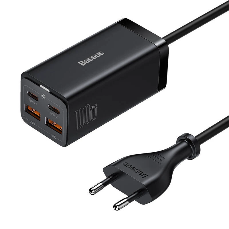 Baseus GaN3 Pro CCGP000101 stalinis kroviklis 100 W, 2x USB-C + 2x USB-A, PD 3.0, QC 4.0+, 1,5 m laidas, juodas