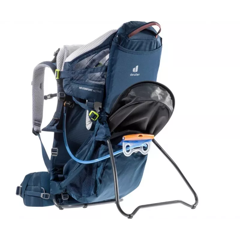 Nešiojama kuprinė vaikui DEUTER Kid Comfort Active mėlyna, poliamidas, iki 22 kg, saulės stogelis, pėdų atrama, VariQuick, Lite Air