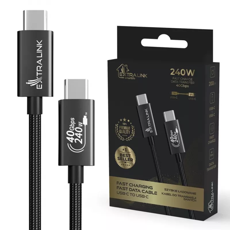 USB-C į USB-C laidas Extralink CABESL05 — 2 m, USB 2.0, juodas