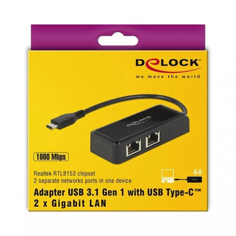 DeLOCK 63927 USB-C adapteris su 2x Gigabit LAN, juodas