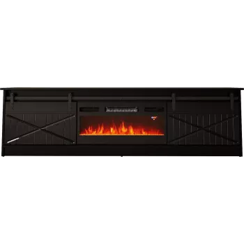 TV stovas su židiniu Cama Meble GRANERO 200 x 56,7 x 35 cm, juodas / juodas blizgesys, 2 durys, 2 lentynos, stumdomos durys, MDF / medžio drožlių plokštė