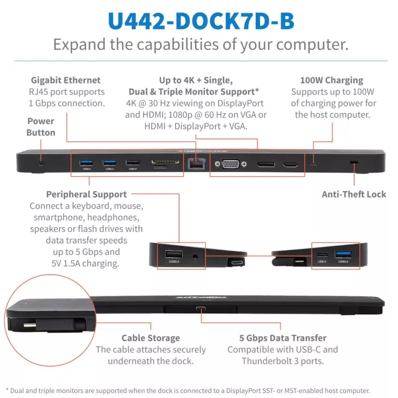 USB-C dokas, Trigubas ekranas - 4K HDMI & DP, VGA, USB 3.2 Gen 1, USB-A/C šakotuvas, GbE, 100W PD įkrovimas