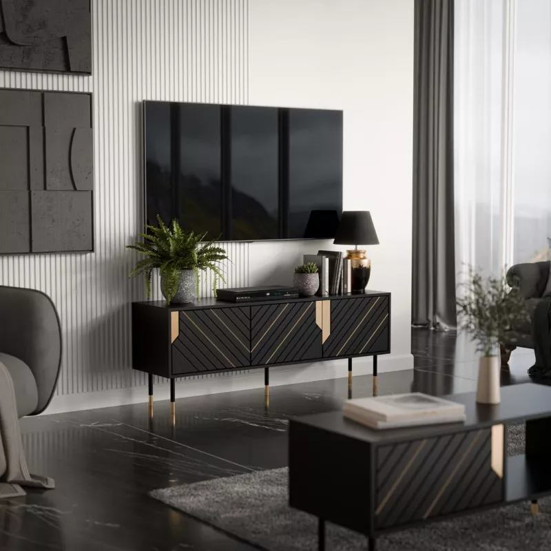 TV spintelė Cama Meble MOUNTAIN 154x40x55 cm, medžio drožlių plokštės viršus, juoda ir auksinė