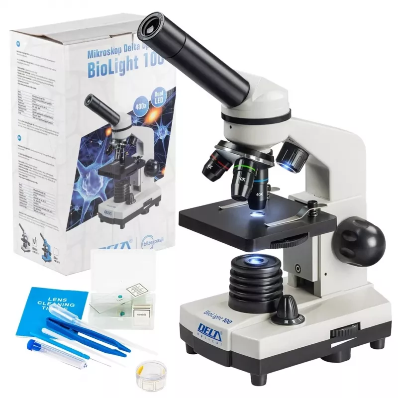 Sudėtinis optinis mikroskopas Deltaoptical DO-3210 – monokuliarinis, 3 achromatiniai objektyvai, LED apšvietimas, 40–400×, 45° pasukama galvutė