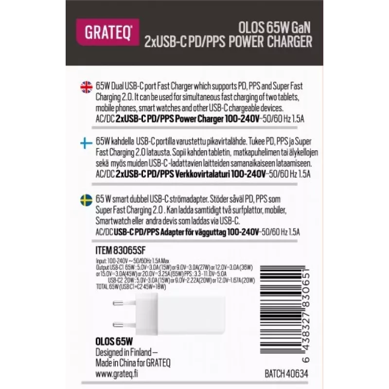 GRATEQ OLOS PD/PPS 2xUSB-C 65W greitasis įkroviklis 35W