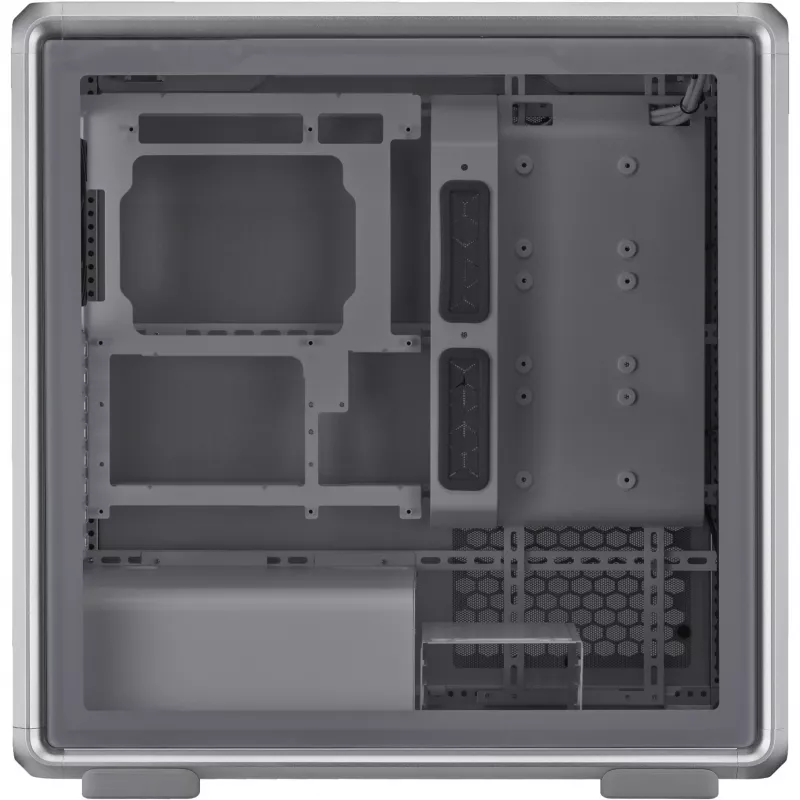 Korpusas Cooler Master MasterFrame 600 Midi Tower sidabrinis — ATX/Micro-ATX/ITX, grūdintas stiklas, palaiko 3x140 mm priekinius ventiliatorius