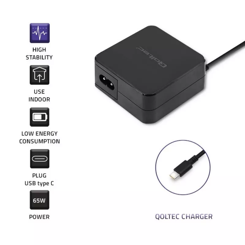 Qoltec 51027 Įkroviklis | 65W | 5-20,3V | 2-3,25A | USB C tipo | PD