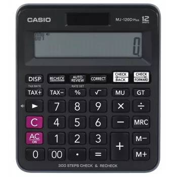 Stalinis skaičiuotuvas CASIO MJ-120D PLUS – 12 skaitmenų, baterija/saulė, 35 klavišai, mokesčių ir kvadratinės šaknies funkcijos, juodas
