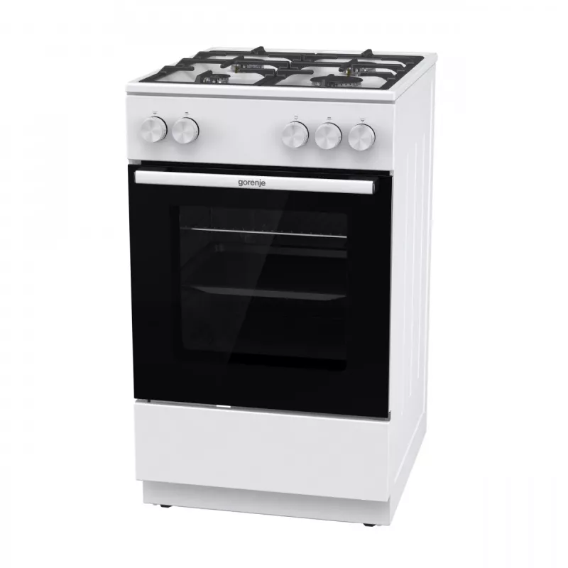 Laisvai pastatoma dujinė viryklė su orkaite Gorenje GG5A10WFFM — 4 degiklių kaitlentė, 70 L orkaitė, emaliuotas viršus, balta