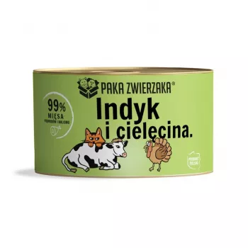 Šlapias kačių ėdalas PAKA ZWIERZAKA Kalakutiena su veršiena 200 g, be grūdų, be cukraus, suaugusioms katėms