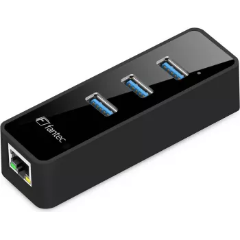 Fantec UMP-3UE1000 – USB 3.0 tinklo adapteris su 3 prievadų USB 3.0 šakotuvu, Gigabit Ethernet, juodas (1959)