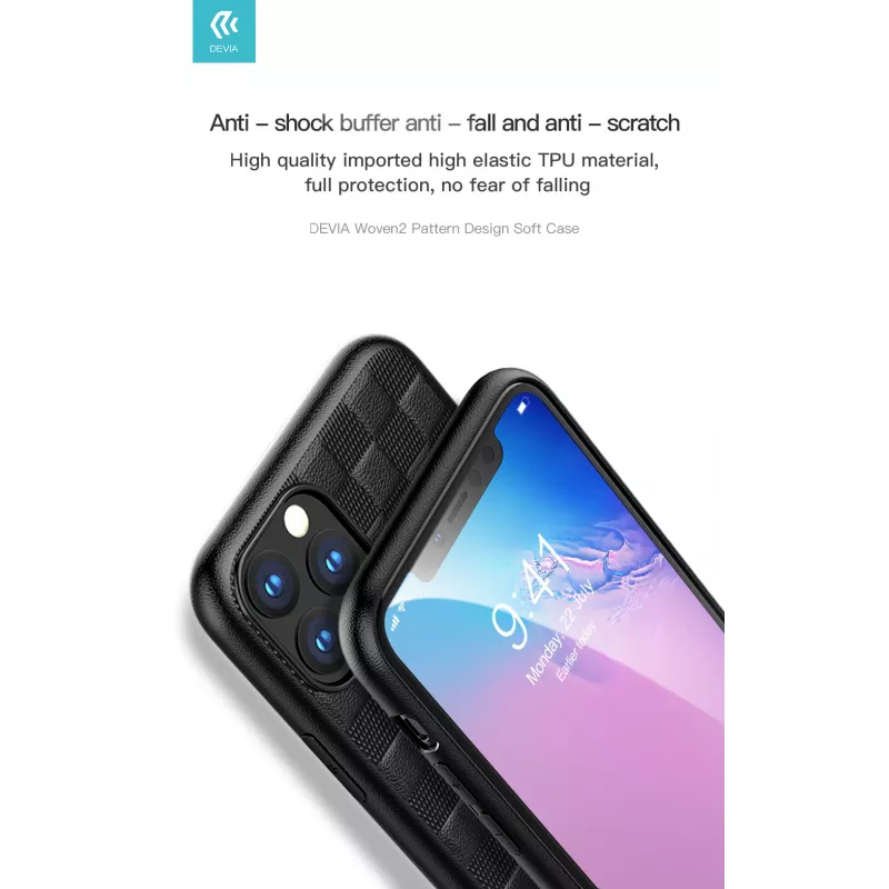 Minkštas apsauginis dėklas Devia Woven2, skirtas iPhone 11 Pro Max, austos tekstūros, juodas