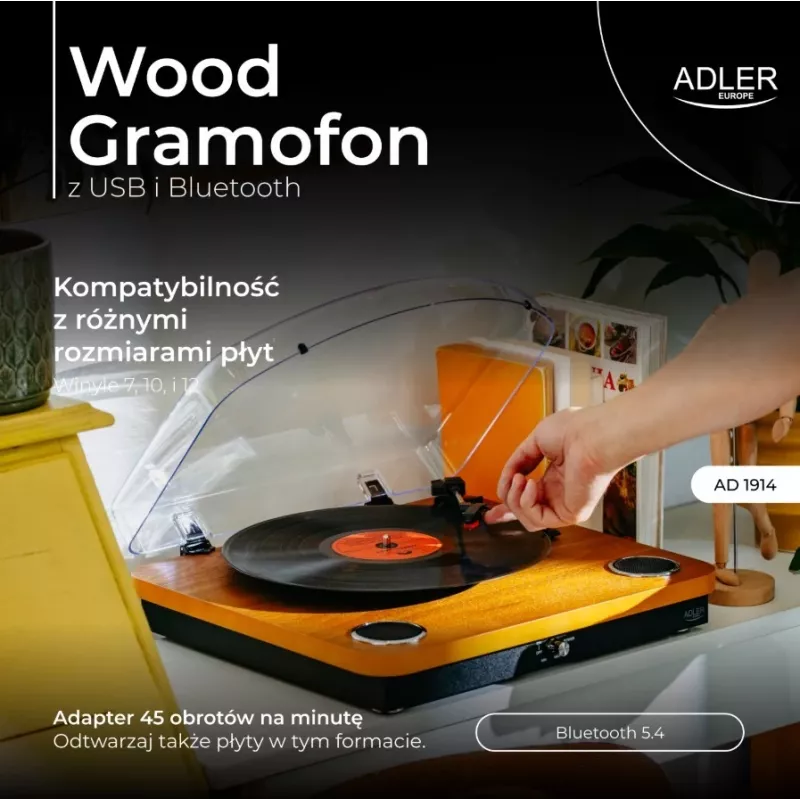 Patefono grotuvas Adler AD 1914 analoginis bėginės pavaros su USB, keramine plokštele, DC varikliu, 33 1/3 aps./min., Bluetooth 5.4, RCA išėjimais, įmontuotais garsiakalbiais