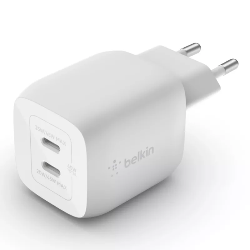 Belkin WCH011vfWH baltas greitas AC įkroviklis su GaN technologija, 2x USB-C, 45 W