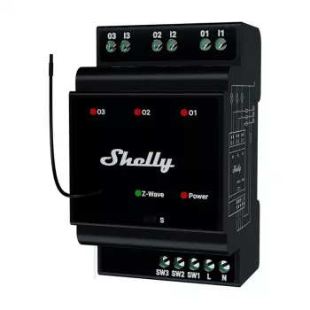 DIN bėgio išmanioji relė Shelly WavePro3 3 kanalų Z-Wave, 110–240 V, 25 A vienam kanalui, AES-128, montavimui ant DIN bėgio