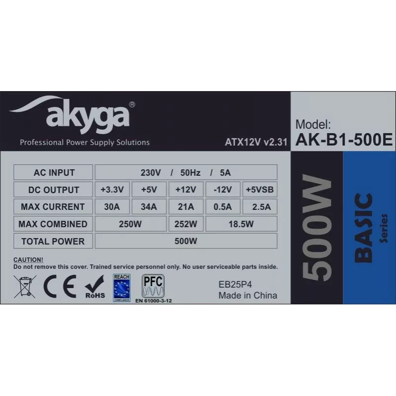 Akyga AK-B1-500E Basic 500 W ATX maitinimo blokas, pasyvusis PFC, 120 mm ventiliatorius, pilkas