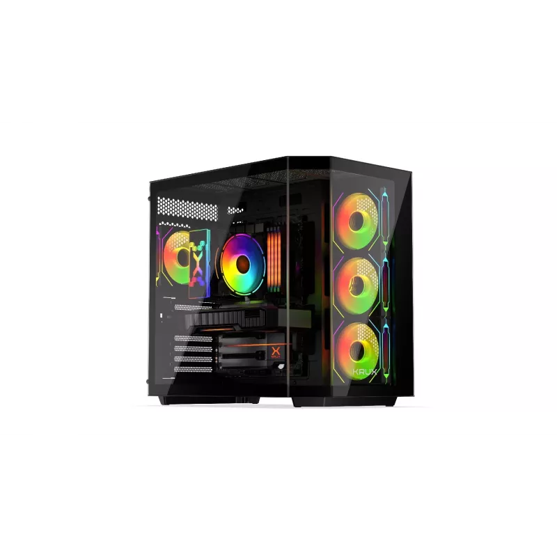 Krux Empero KRXD010 Midi Tower PC korpusas, ATX, su grūdinto stiklo skydu, 4 x 120 mm ARGB ventiliatoriai, juodos spalvos - GPU iki 420 mm, procesoriaus aušinimas iki 155 mm, 2x 3,5" + 3x 2,5" įdėklai