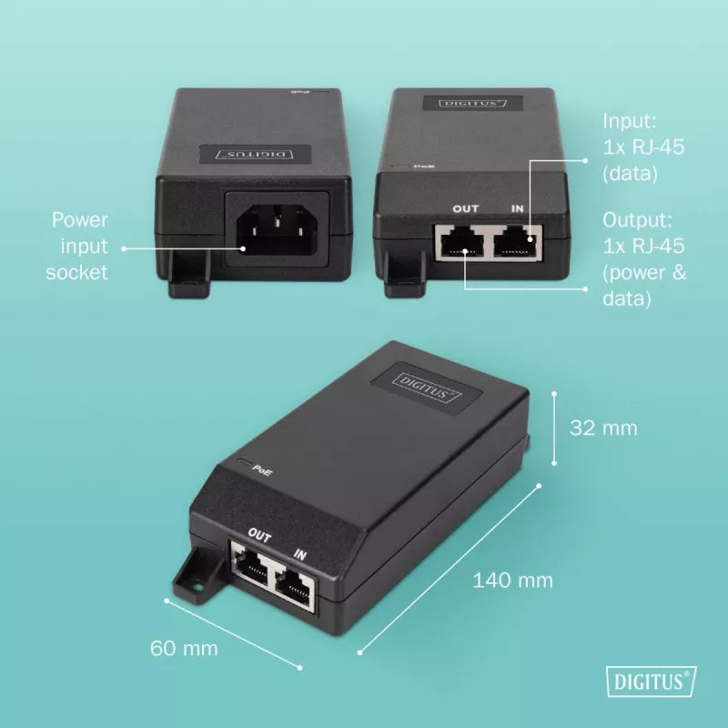 Digitus Gigabit Ethernet PoE+ injektorius 802.3at 30 W juodas