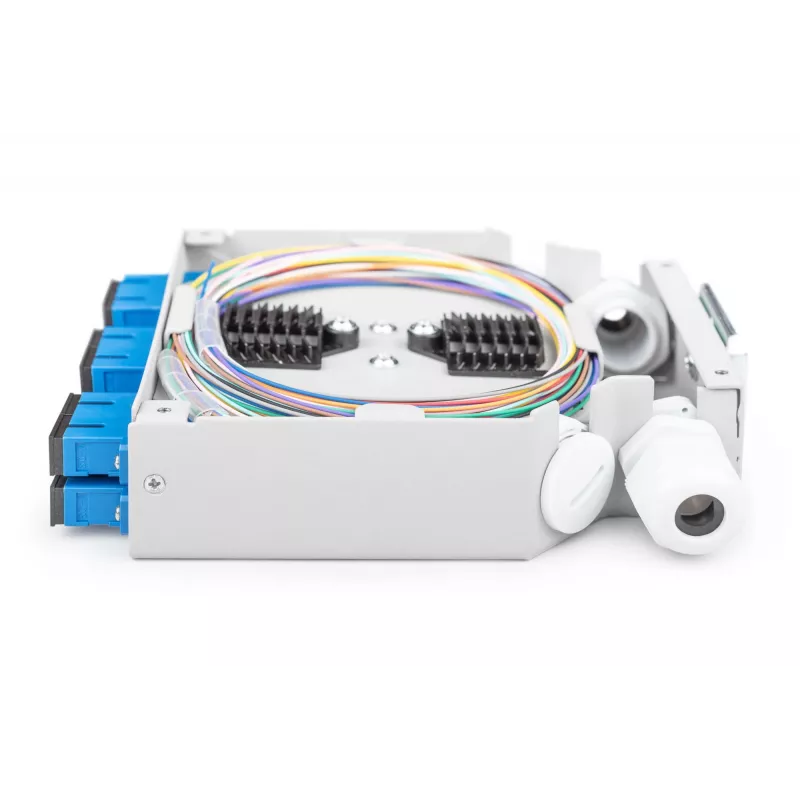 Skaidulinės optikos DIN bėgio dėžutė DIGITUS DN-963890, OS2, SC adapteris su 2 m pigtail, plienas, mėlyna/pilka