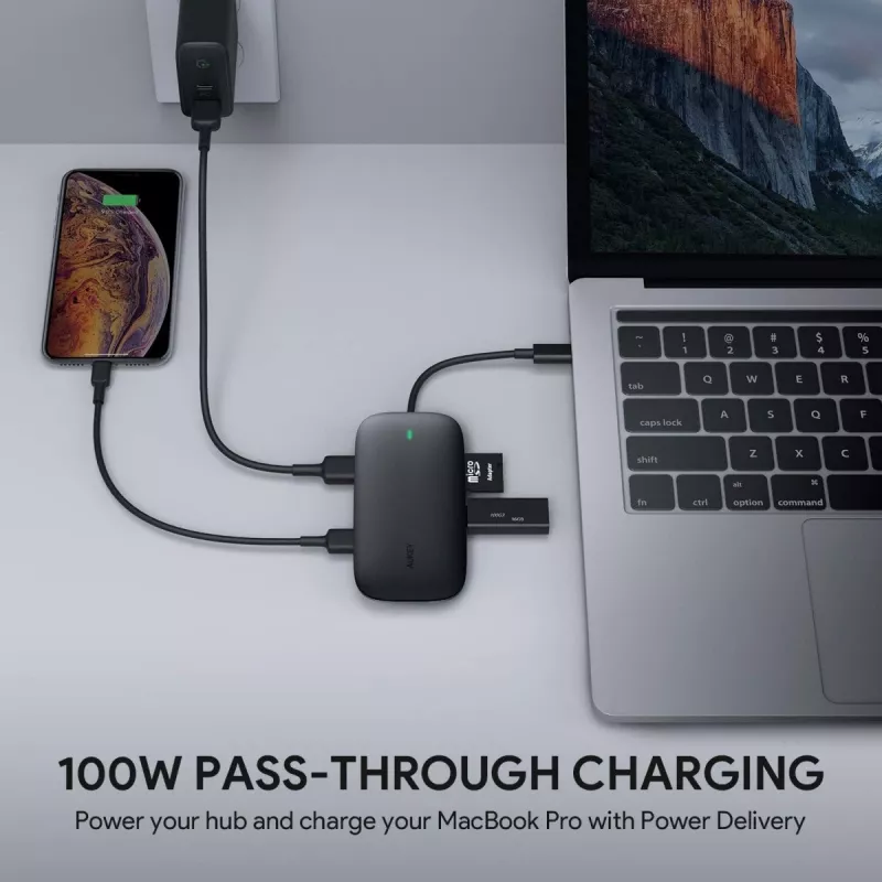 USB-C stotelė nešiojamam kompiuteriui AUKEY CB-C71 — 3x USB‑C (USB 3.2 Gen1), HDMI, RJ‑45, MicroSD, USB PD 100W, 0,15 m kabelis, juoda