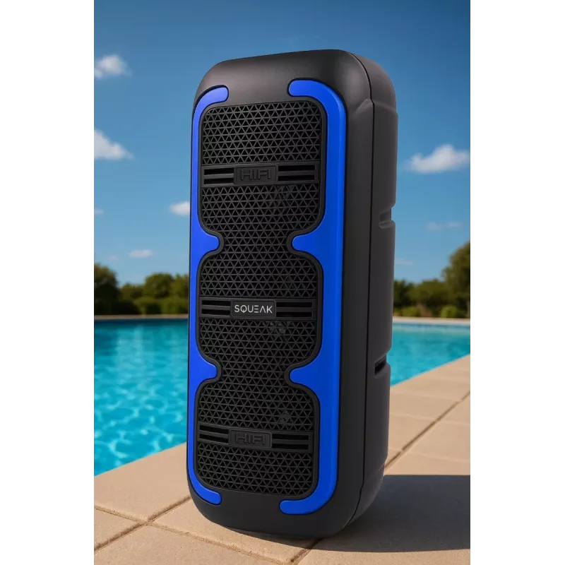 Nešiojamas stereo garsiakalbis SQUEAK SQ1009 – Bluetooth 5.3, 45W RMS, 10h baterija, FM, USB, AUX, LED, 1800 mAh, Juodas