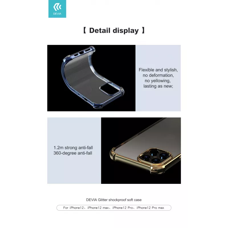 Apsauginis minkštas dėklas Devia iPhone 12 mini – juodas, blizgantis su blizgučiais, smūgiams atsparus