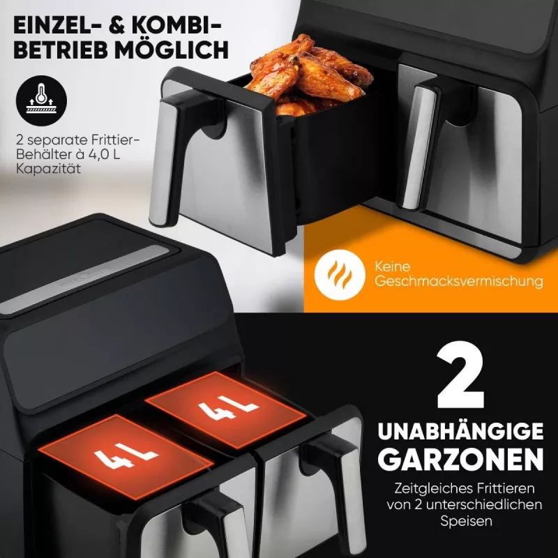 Karšto oro gruzdintuvė ProfiCook PC-FR 1287 H — dviguba 8 l, 2200 W, jutiklinis LED, juoda/nerūdijantis plienas
