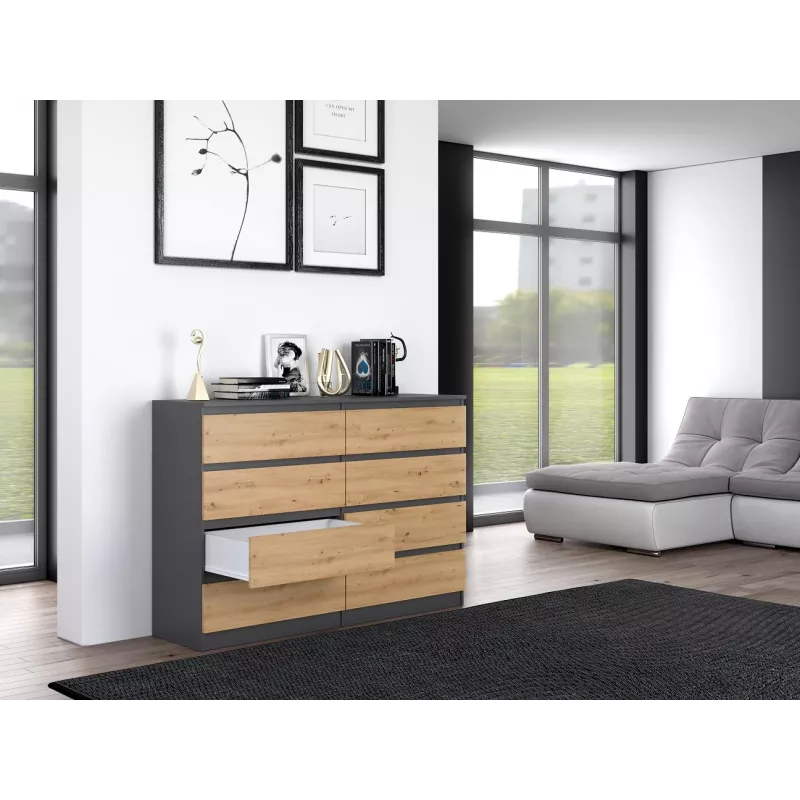 Komoda Top e shop M8 140 ANT/ART — 8 stalčių, Antracitas/Ąžuolas, 1380×400×970 mm, Medienos drožlių plokštė