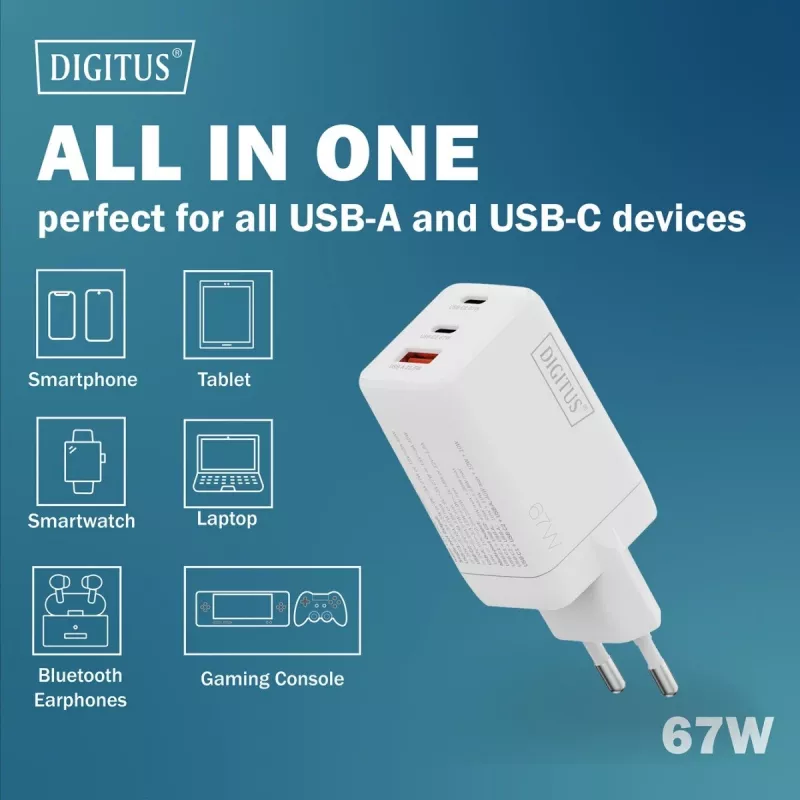 Sieninis įkroviklis DIGITUS DA-10303 67W GaN, 2× USB-C + 1× USB-A, 100–240 V, baltas