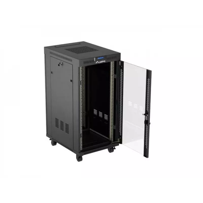 Tinklo spintos stovas LANBERG 19 colių 24U 600x800 mm juodas su stiklinėmis durimis ir LCD išpjova (Flat Pack) v2