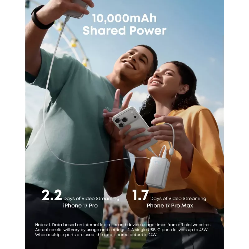 Power bank Anker A1638 10000 mAh, 45 W bendra galia, baltas, su įmontuotu ištraukiamu USB-C laidu