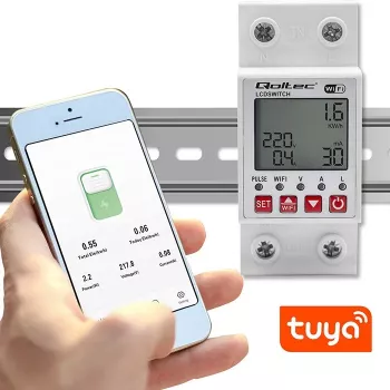 DIN-bėgio WiFi relė QOLTEC 50990, vienkanalė, 63A perjungimas elektros apskaitai ir nuotoliniam valdymui