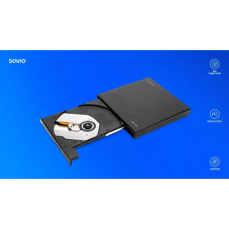 Išorinis plonas DVD±RW įrenginys SAVIO AK-43, USB 2.0, juodas