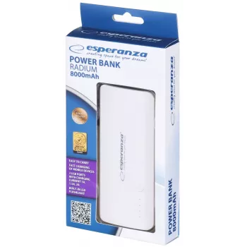 Nešiojamas įkroviklis Esperanza EMP106WE Radium – 8000 mAh, 3 įrenginių išvestis, Micro-USB įvestis, 5V/2A ir 5V/1,5A/1A išėjimai, pilka