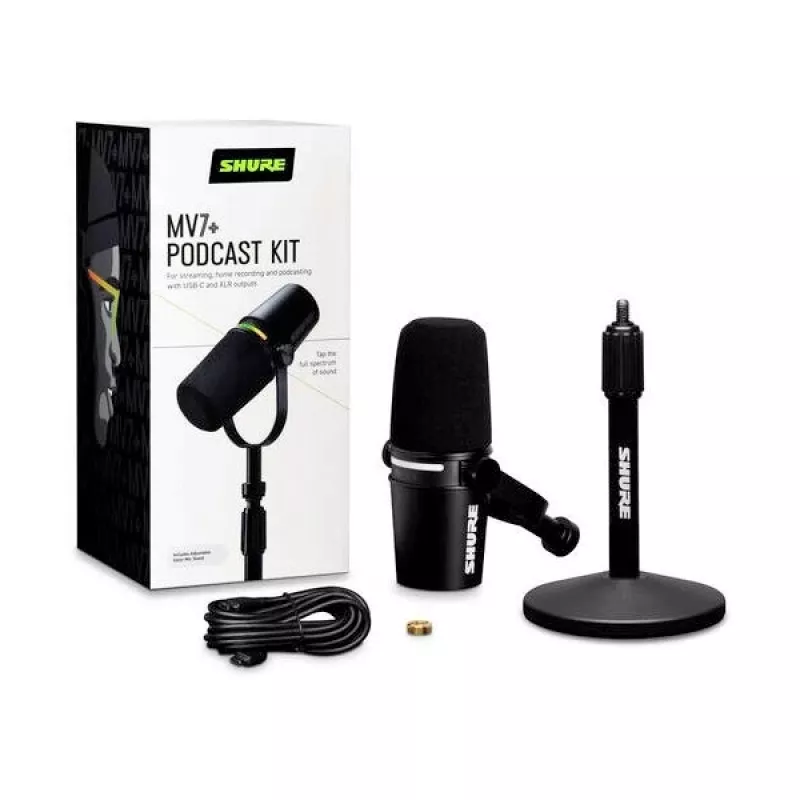Shure MV7+-K-BNDL – lektoriaus/vokalinis mikrofonas su XLR/USB-C jungtimi, juodas + stalinis stovas GATOR