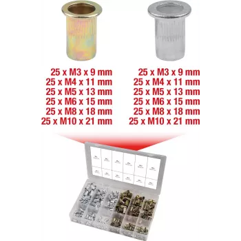 Įsriegiamosios veržlės KS Tools 970.0630 plienas ir aliuminis M3x9mm–M10x21mm 300 vnt.
