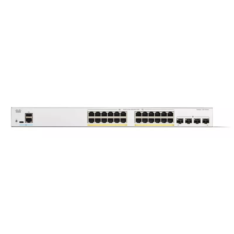 Cisco Catalyst 1200-24FP-4G Smart Switch, 24 prievadai GE, Full PoE, 4x1GE SFP, ribota viso gyvenimo apsauga (C1200-24FP-4G)