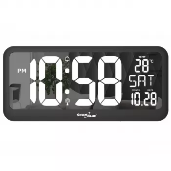 Didelis skaitmeninis laikrodis sieninis / ant stovo su temperatūros jutikliu 37x17 cm LCD ekranas, maitinamas adapteriu ir baterijomis
