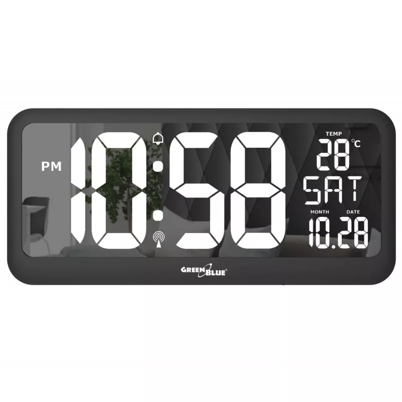 Didelis skaitmeninis laikrodis sieninis / ant stovo su temperatūros jutikliu 37x17 cm LCD ekranas, maitinamas adapteriu ir baterijomis