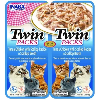Šlapias skanėstas katėms INABA Twin Tuna with Chicken and Scallops in Broth 2x40 g maišelis, žuvies skonio, 86,5% drėgmės