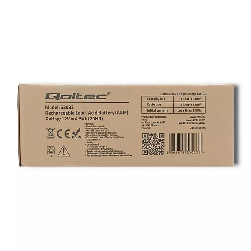 Qoltec AGM akumuliatorius (12 V, 4,5 Ah)
