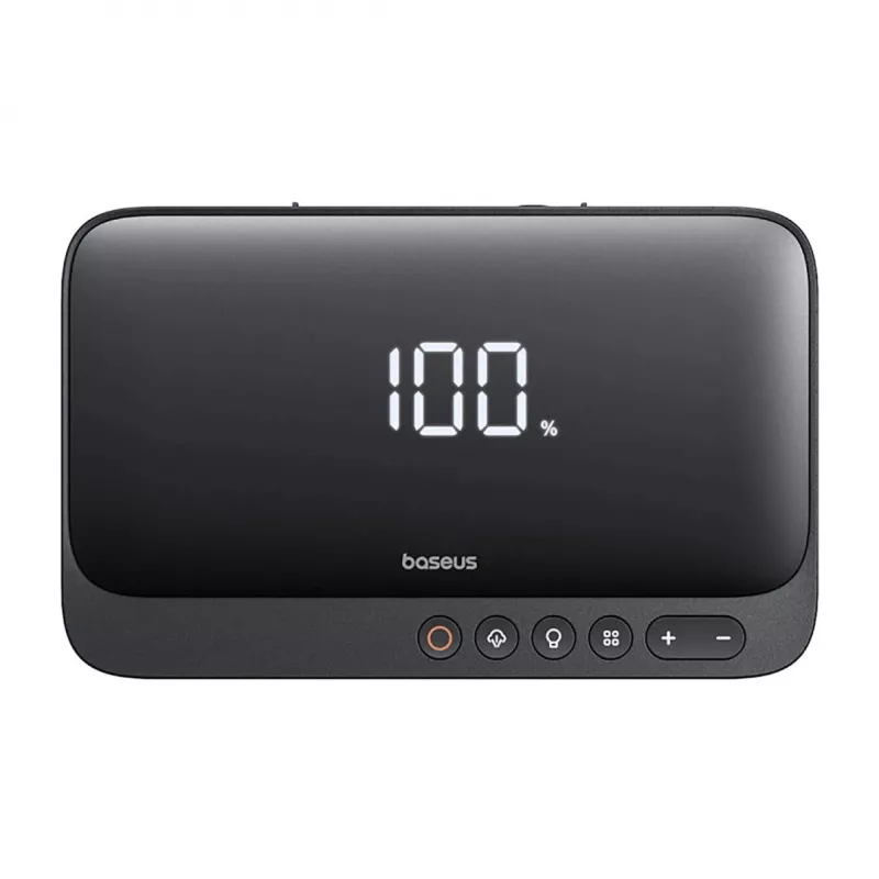 Nešiojamas akumuliatorius Baseus Super Energy 6000 mAh – užvedimo starteris, LiPo 6000 mAh, 300 A paleidimo srovė, 150 PSI, įmontuotas ekranas ir žibintuvėlis, USB-C + USB-A, juodas