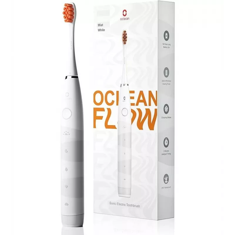 Sonic dantų šepetėlis OCLEAN FLOW suaugusiems – baterijomis maitinamas, balinimo režimas, įmontuotas laikmatis, reguliuojamas greitis, 255 mm aukštis, baltas, 0,13 kg, 1 rankena + 1 antgalis