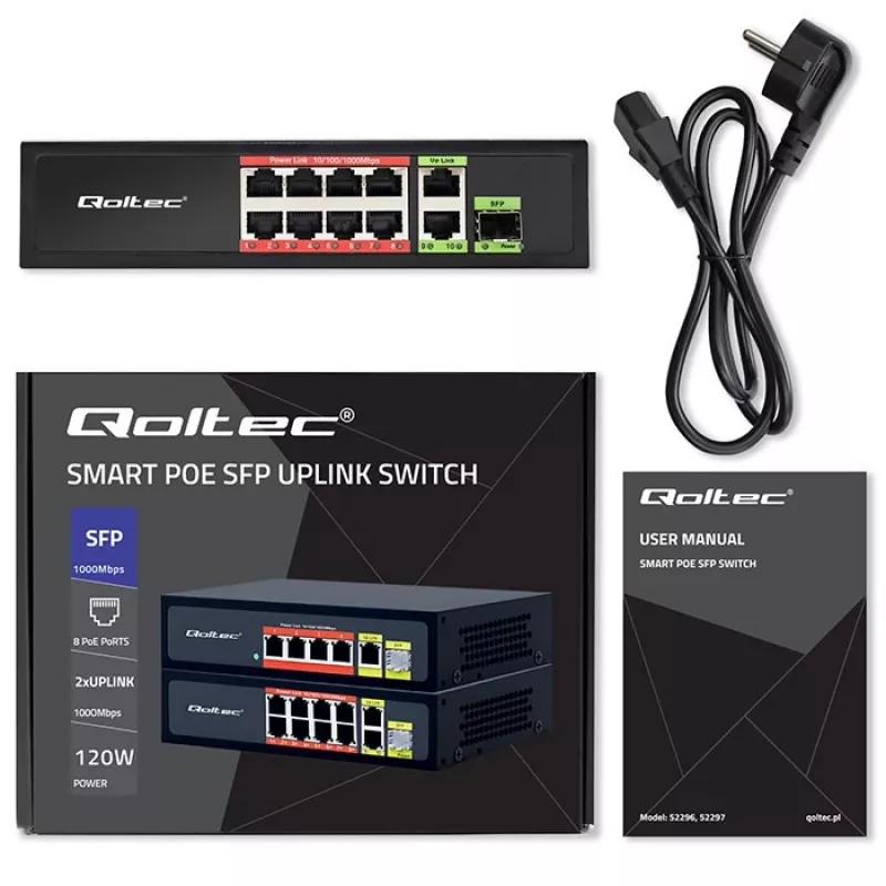 Eterneto jungiklis QOLTEC 52297 PoE RJ45 su PoE Uplink ir SFP prievadu