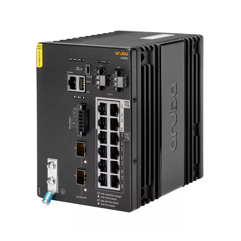 HPE Aruba 4100i – valdomas pramoninis komutatorius, 8x PoE Class 4 + 4x PoE Class 6 + 2x SFP+, DIN bėgelis