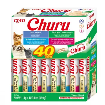 Šlapieji skanėstai katėms INABA Churu Variety Box – Tunas, 40 × 14 g pastos paketėliai, be grūdų, be glitimo
