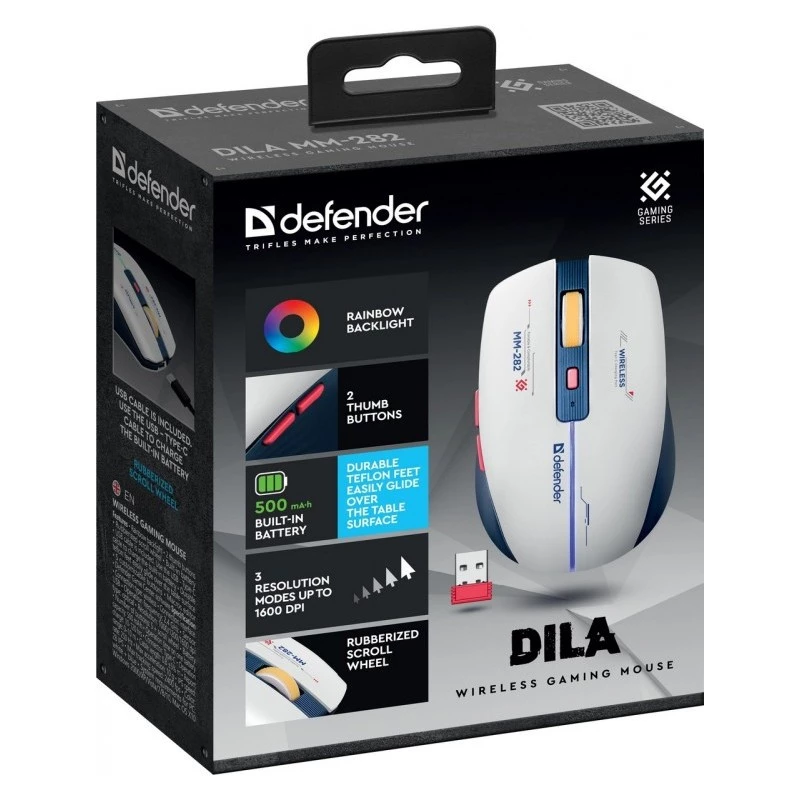 Belaidė žaidimų pelė DEFENDER MM-282 RF – ambidekstrinė, optinė 1800 DPI, 5 mygtukai, USB, maitinama baterija